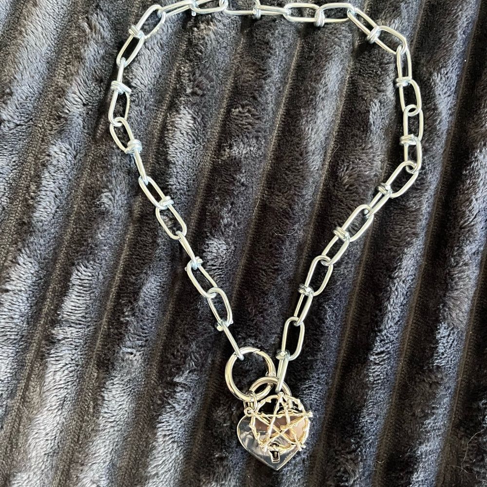 Chunky Silver Necklace with Heart and pentagram Charms - Picture 5 of 7